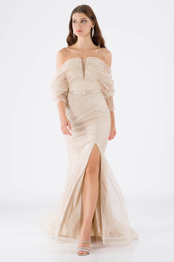 Miya beige evening dress dress