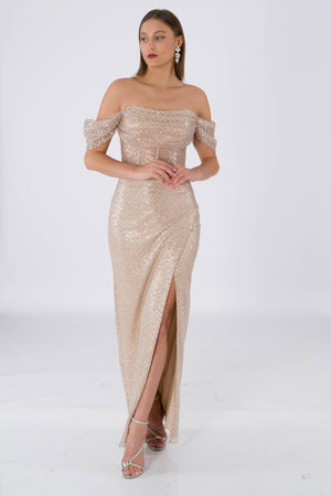 Stephani beige evening dress dress