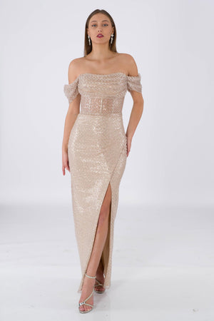 Stephani beige evening dress dress