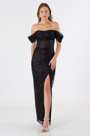 Stephani Black Evening Dress