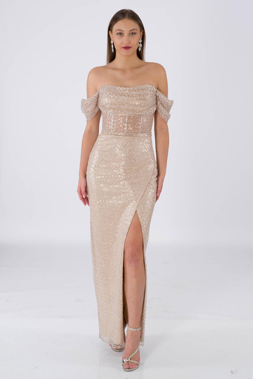 Stephani beige evening dress dress