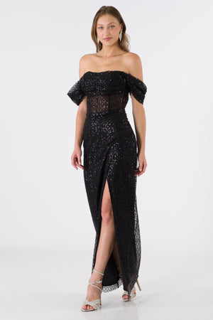 Stephani Black Evening Dress