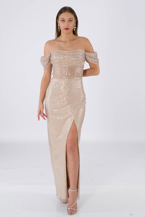 Stephani beige evening dress dress